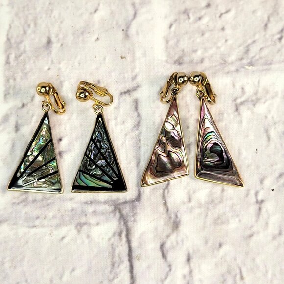 Vintage Mexican Alpaca Earrings Gold-Tone Clip-On Abalone Set Of 2 Pairs - Picture 2 of 7